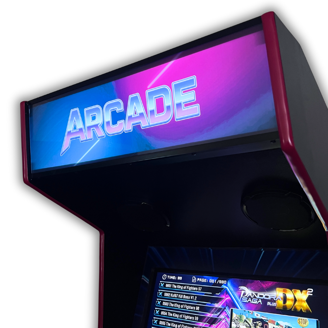 Side angle view of the Arcade Pulse arcade marquee showing bright neon glow and black cabinet with red trim.