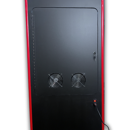 Rear view of arcade cabinet showing installed C14 power switch and dual cooling fans – Arcade Revival build example.