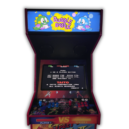 Bubble Bobble arcade marquee installed on a DIY arcade cabinet showing full front view with Bubble Bobble title screen on display.