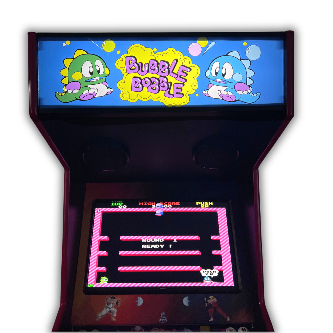 Bubble Bobble arcade marquee lit up on a DIY arcade cabinet front view with Round 1 Ready gameplay screen visible below.