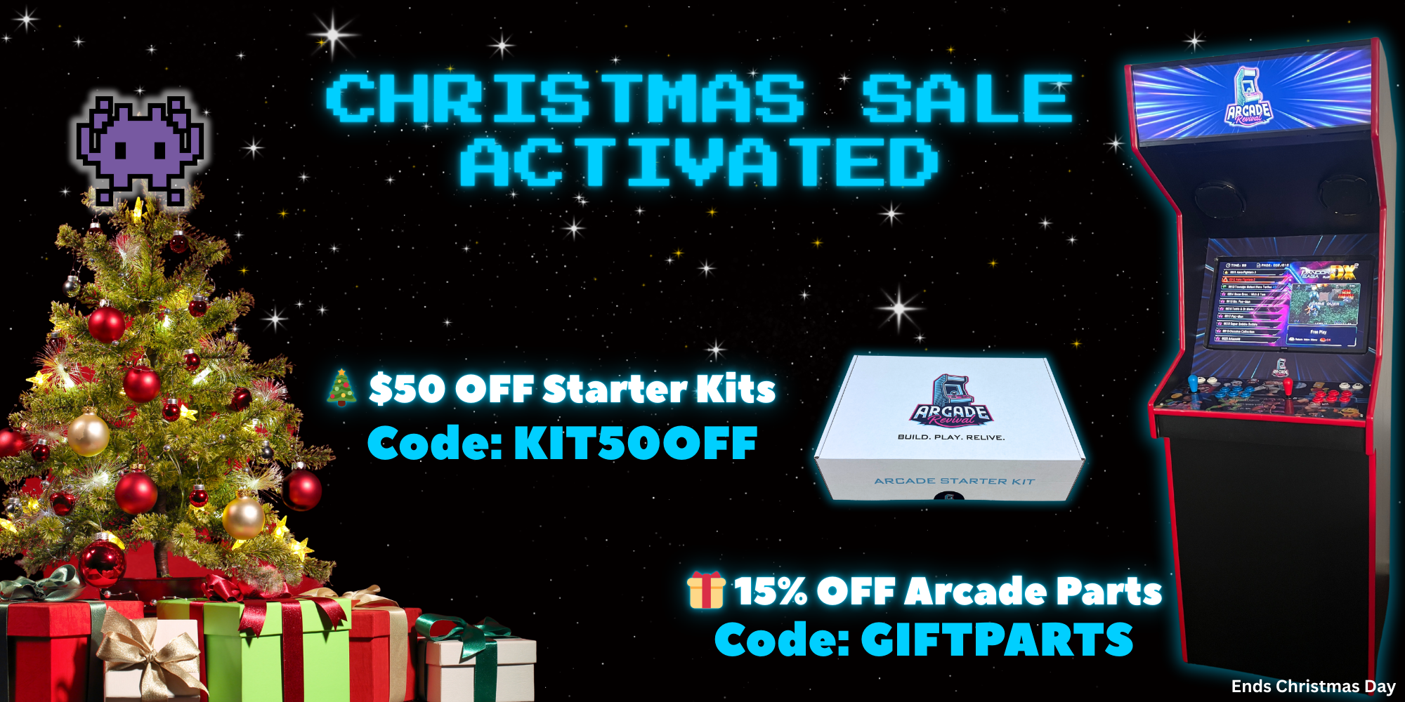 Mobile website banner showing the Arcade Revival build guide transforming into a full arcade cabinet, with tagline 'Build Your Own Arcade. Your Way.' and a 133-page step-by-step DIY guide.