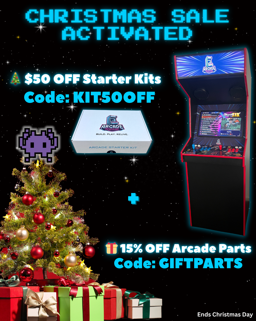 Mobile website banner showing the Arcade Revival build guide transforming into a full arcade cabinet, with tagline 'Build Your Own Arcade. Your Way.' and a 133-page step-by-step DIY guide.