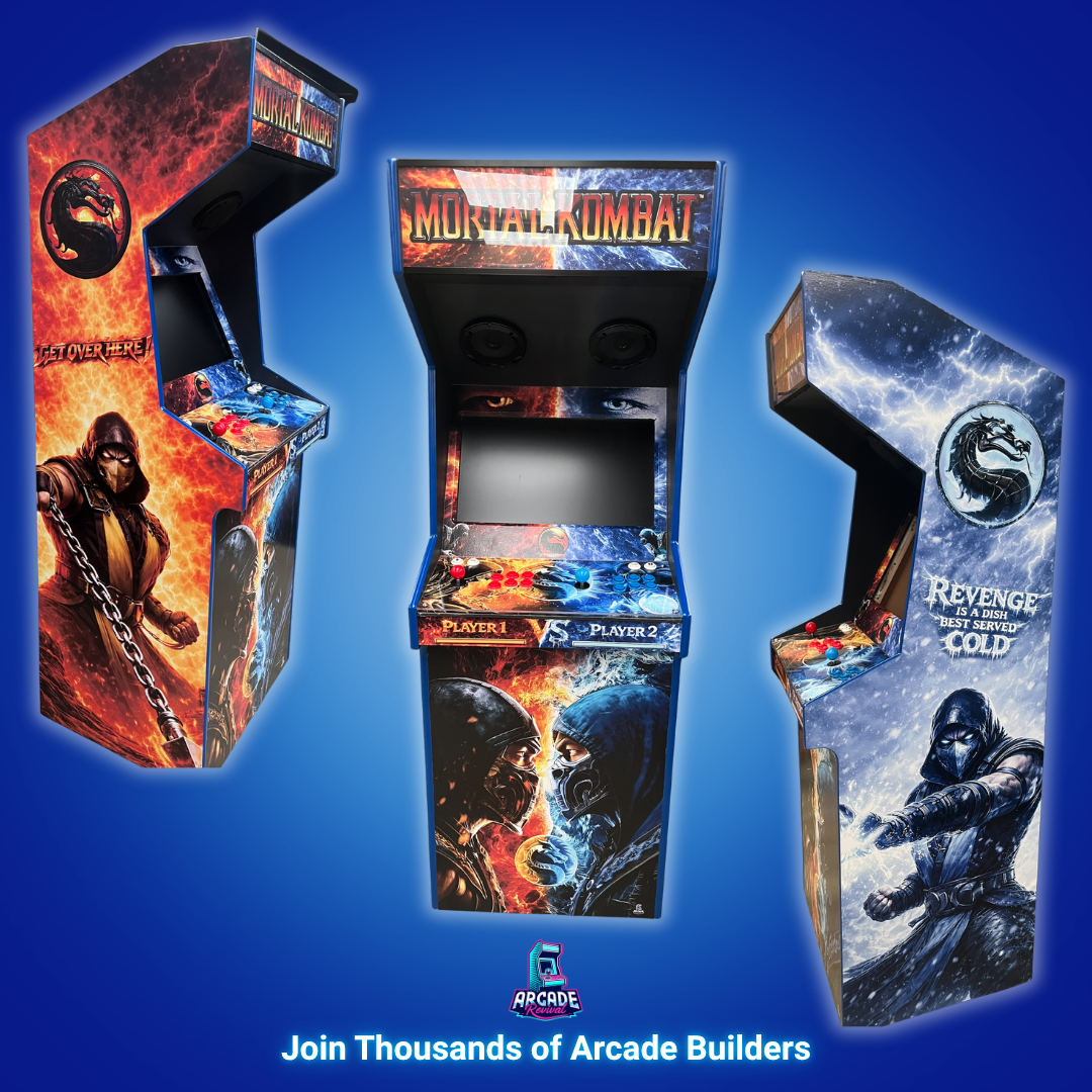 Showcase of a custom DIY arcade cabinet built and fully wrapped using the Arcade Revival guide, featuring a fully finished retro arcade machine from multiple angles.