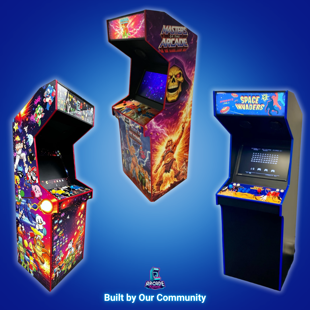 Three DIY arcade machines built by customers using the Arcade Revival build guide, showcasing different retro arcade cabinet designs.