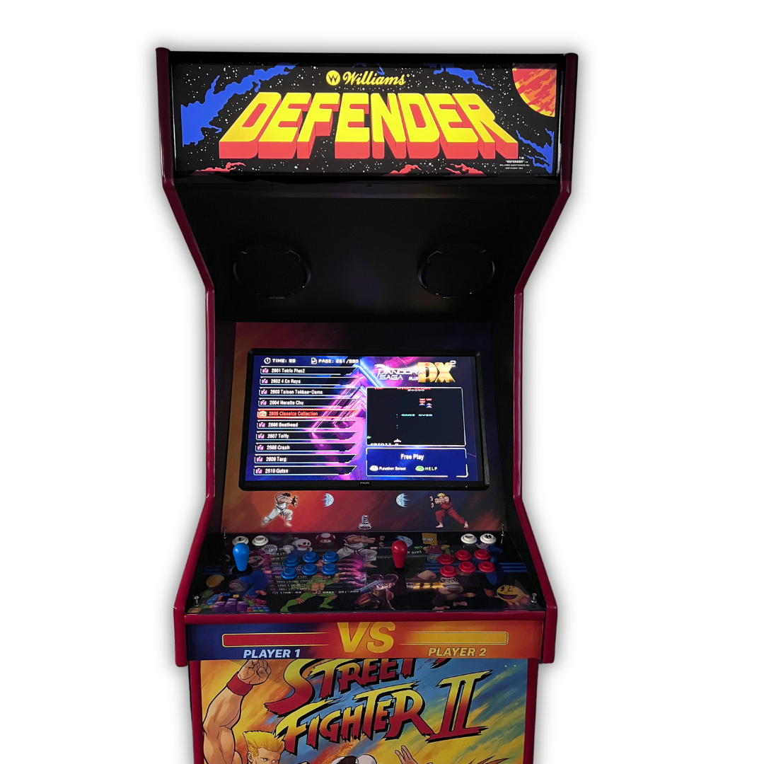 Defender arcade marquee installed on a DIY arcade cabinet showing full front view with game selection screen on display.