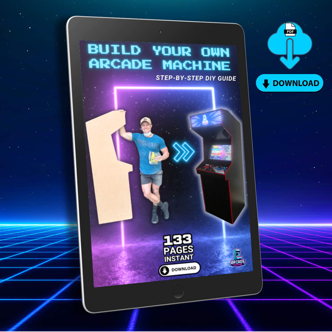 Tablet displaying the Arcade Revival step-by-step digital guide with download icon, set on a retro neon grid background.