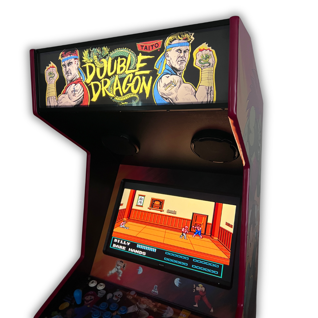 Arcade Revival Double Dragon marquee on a DIY retro arcade cabinet showing classic beat em up gameplay at an angle