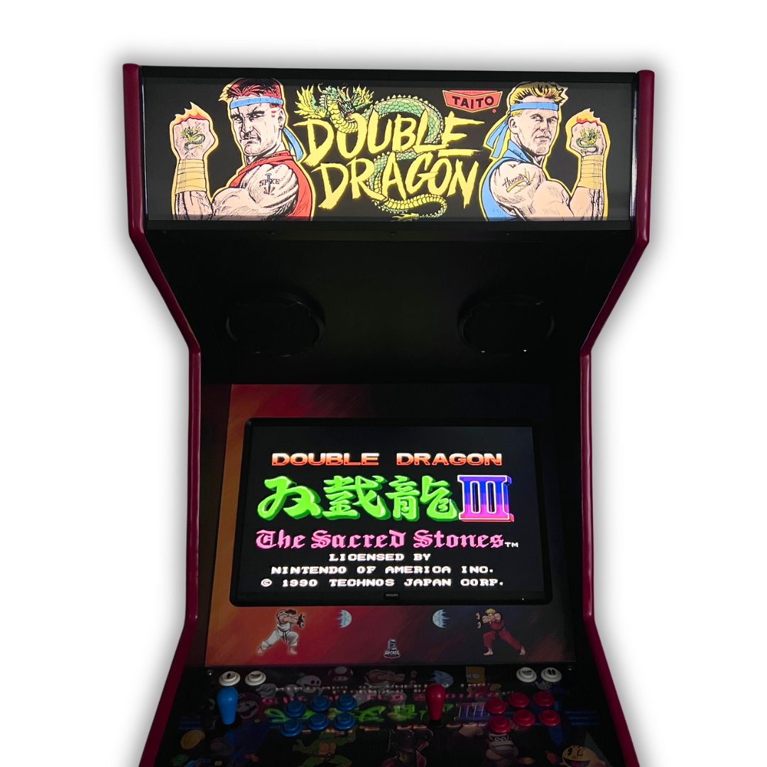 Arcade Revival Double Dragon marquee on a DIY retro arcade cabinet with title screen displayed