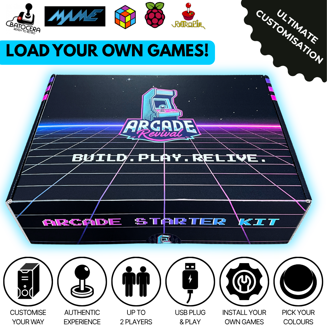 Arcade Revival emulator arcade starter kit to load your own games, DIY arcade machine kit with USB plug and play setup