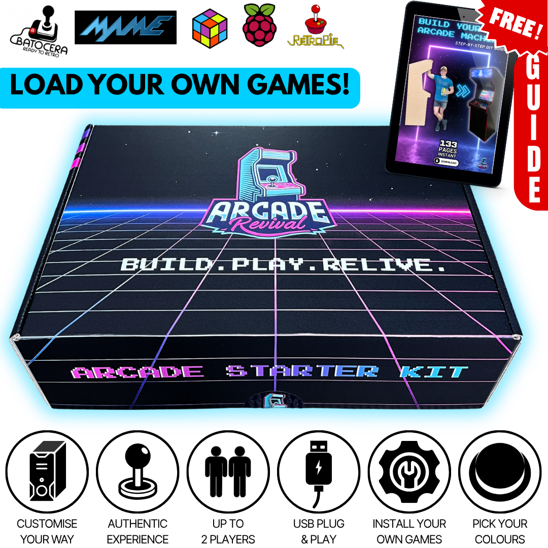 Arcade Revival emulator arcade starter kit to load your own games with free build guide, DIY arcade machine kit with USB plug and play system