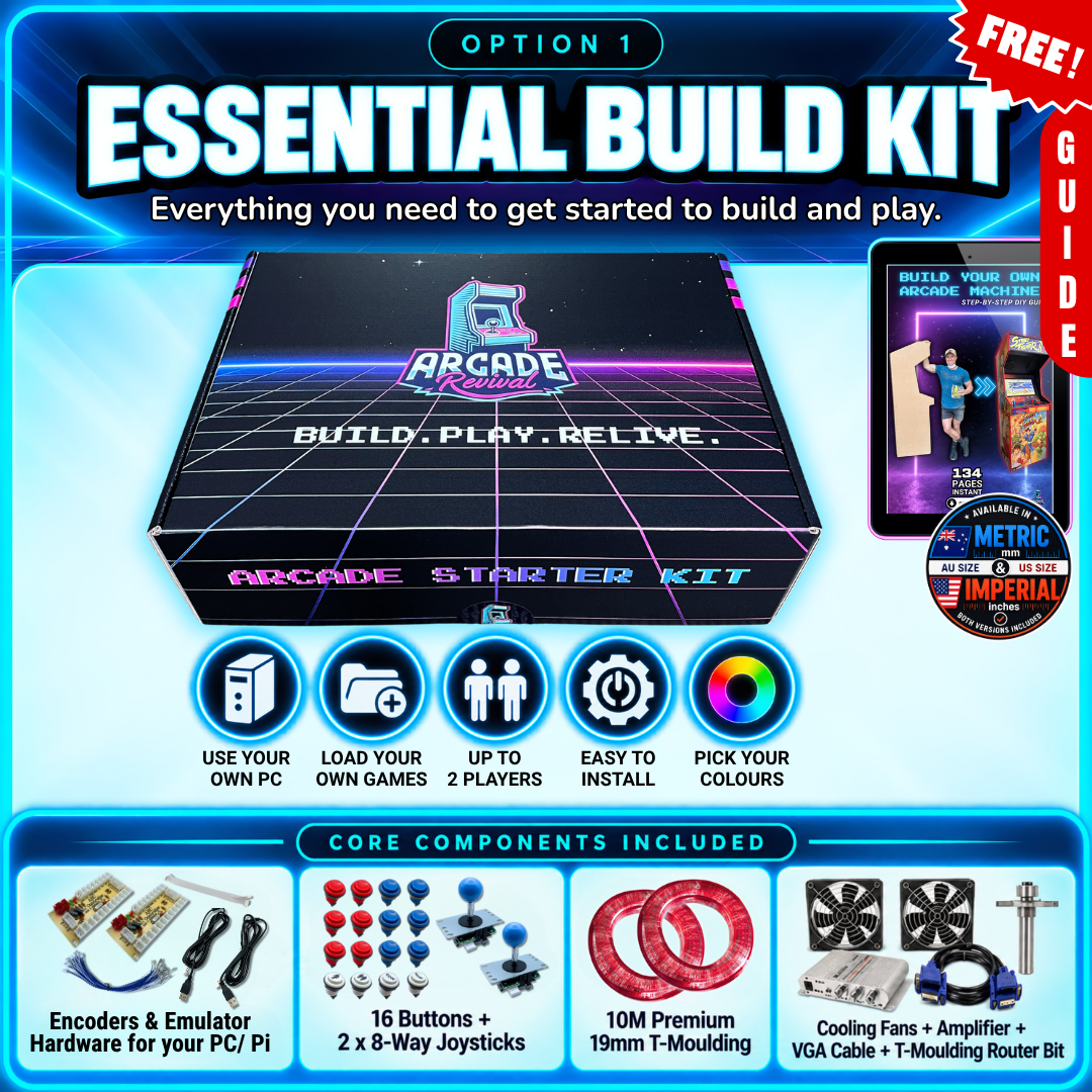 Arcade Revival Essential Build Kit emulator version with BYO PC setup, load your own games, controls, T-moulding, cooling fans, amplifier and build guide.