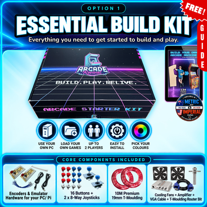 Arcade Revival Essential Build Kit emulator version with BYO PC setup, load your own games, controls, T-moulding, cooling fans, amplifier and build guide.