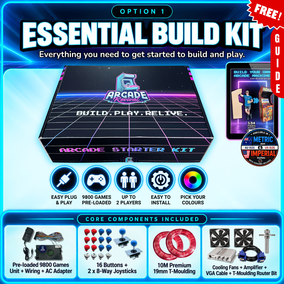 Arcade Revival Essential Build Kit with pre-loaded 9800 game system, controls, wiring, T-moulding, cooling fans, amplifier and build guide.