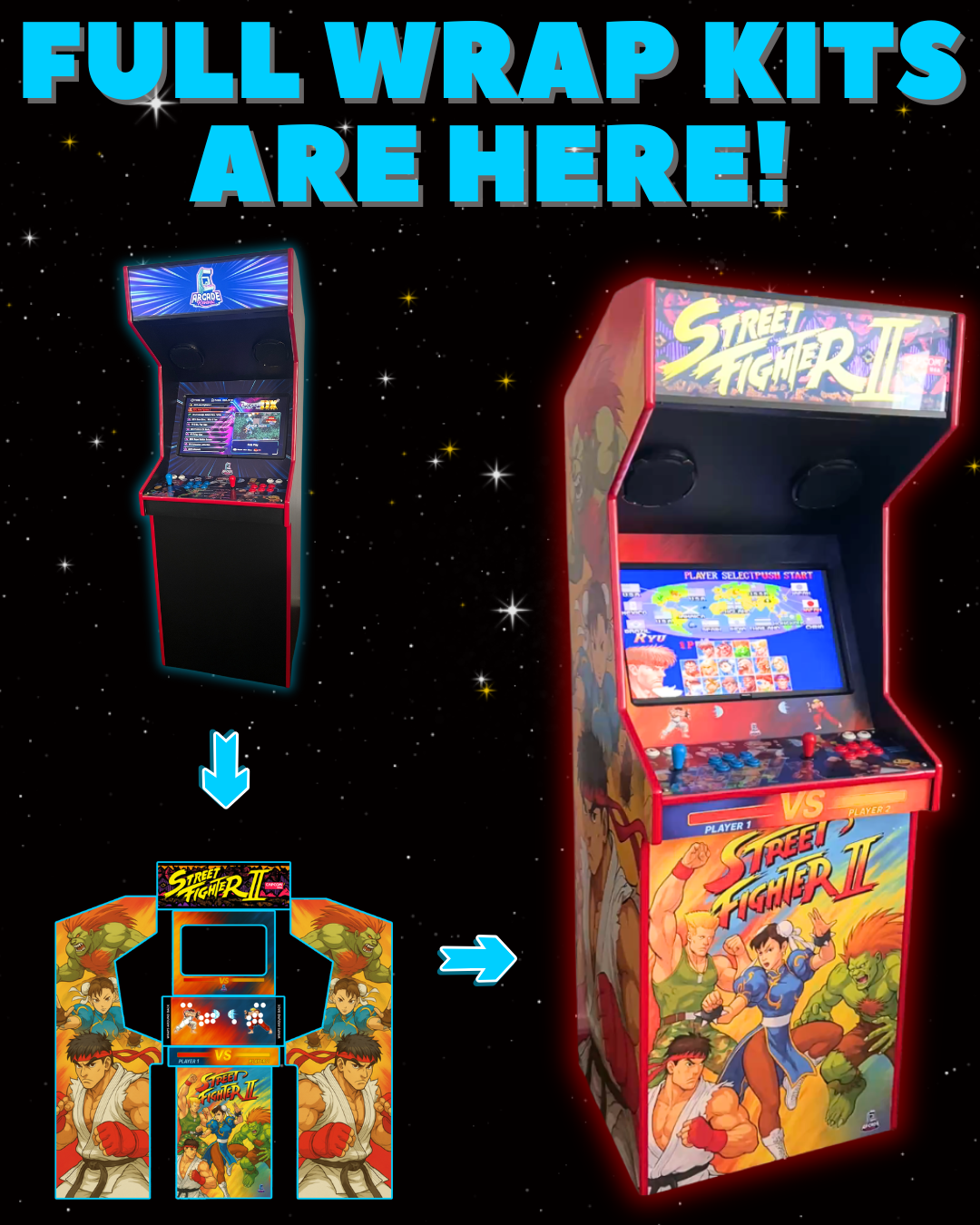 Mobile website banner showing the Arcade Revival build guide transforming into a full arcade cabinet, with tagline 'Build Your Own Arcade. Your Way.' and a 133-page step-by-step DIY guide.