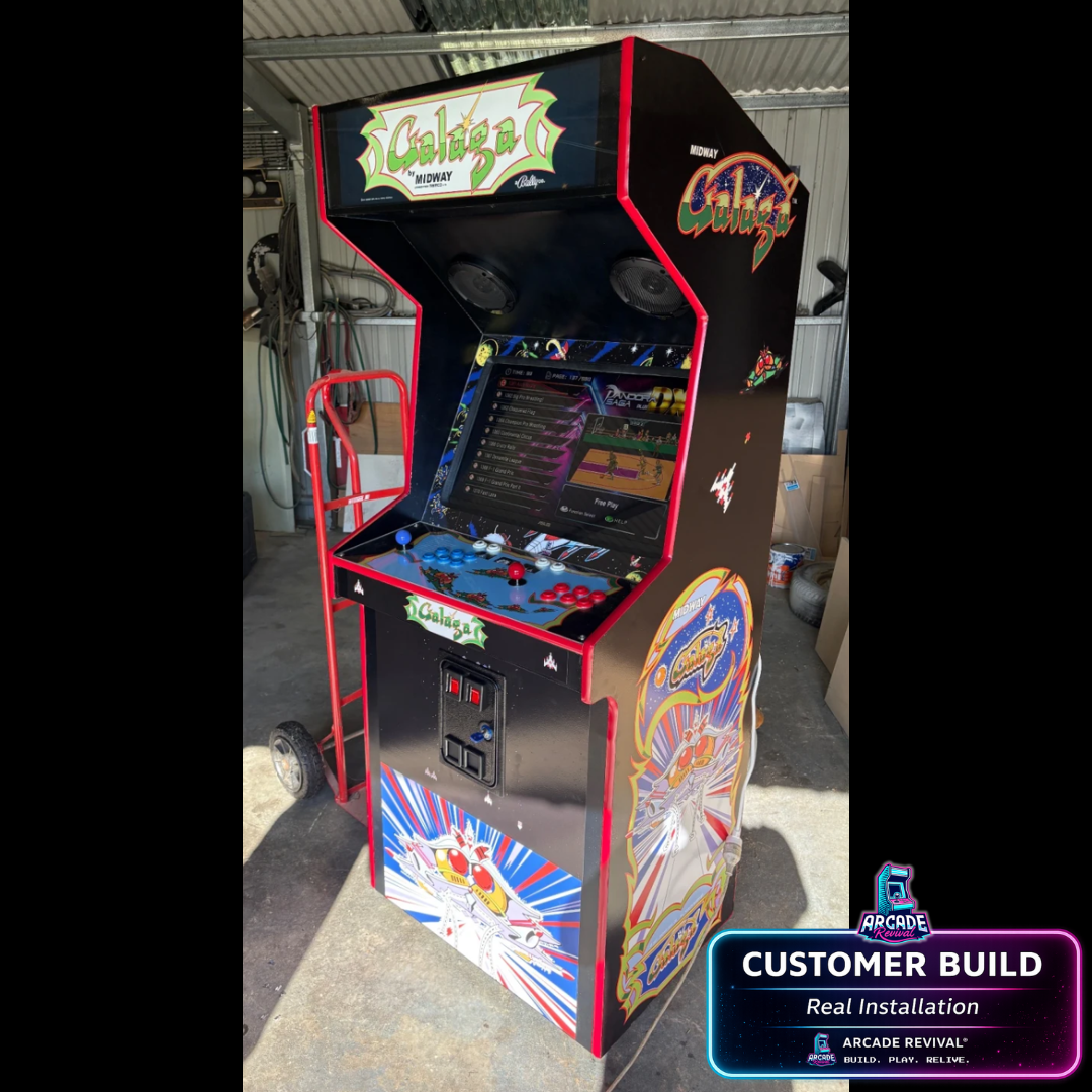 Galaga arcade cabinet wrap installed on a custom DIY arcade machine by a customer, featuring classic Midway artwork and red T-moulding trim using Arcade Revival vinyl wrap kit.