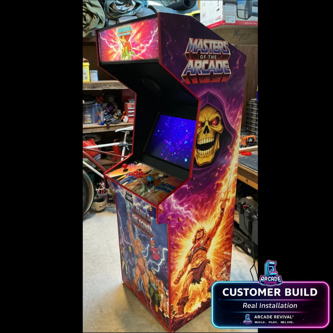 He-Man themed arcade cabinet wrap installed on a full DIY arcade machine by a customer using an Arcade Revival vinyl wrap kit, featuring vibrant Masters of the Universe artwork