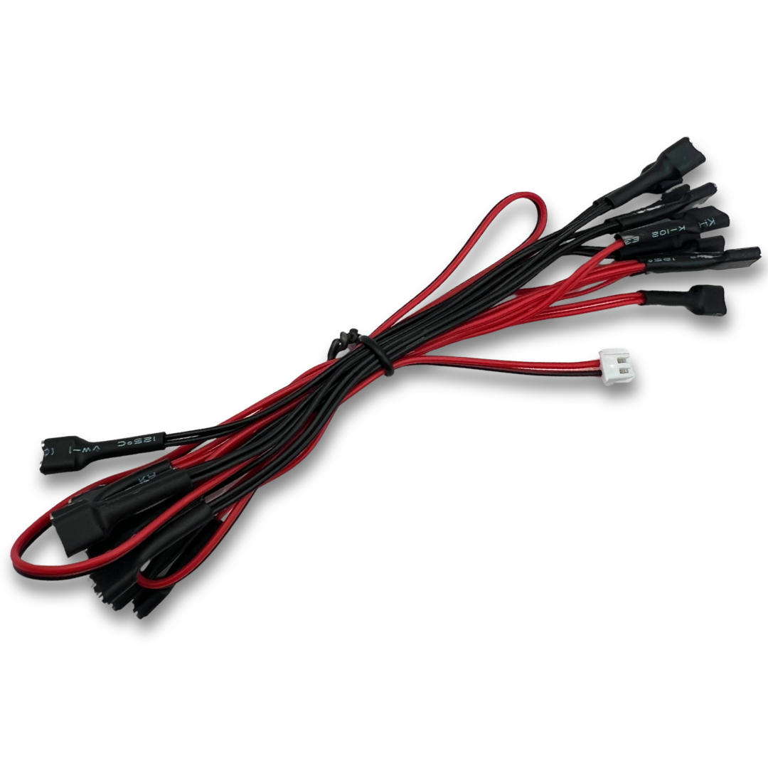 Angled view of arcade encoder LED daisy chain wiring harness with connectors and Molex adapter.