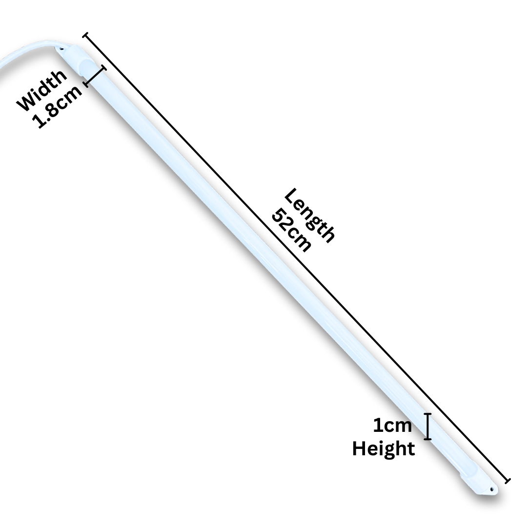 Dimension diagram showing 52cm length, 1.8cm width, and 1cm height of Arcade Revival LED marquee light bar.