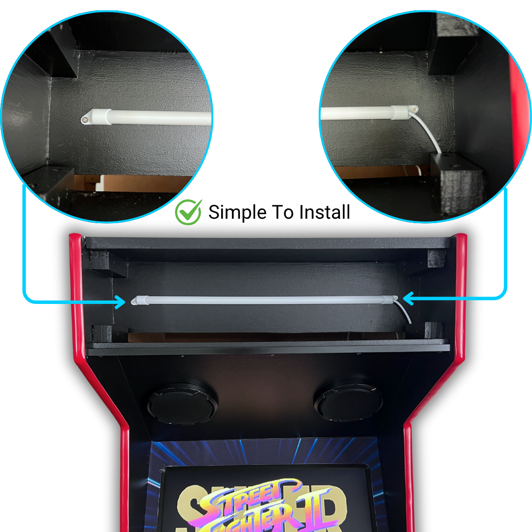 Step-by-step view showing simple installation of LED marquee light bar inside Arcade Revival cabinet with mounting screws.