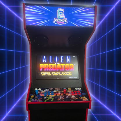 Front view of arcade machine displaying Alien vs Predator game with Arcade Revival marquee glowing above.