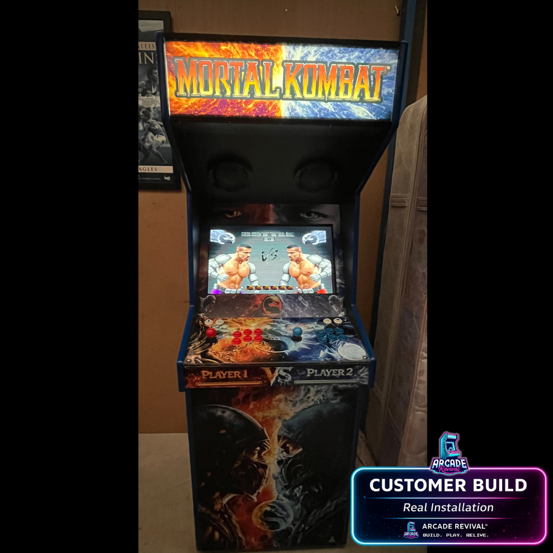 Mortal Kombat arcade cabinet wrap installed on a DIY arcade machine with screen active, showcasing fire and ice themed artwork using Arcade Revival vinyl wrap kit