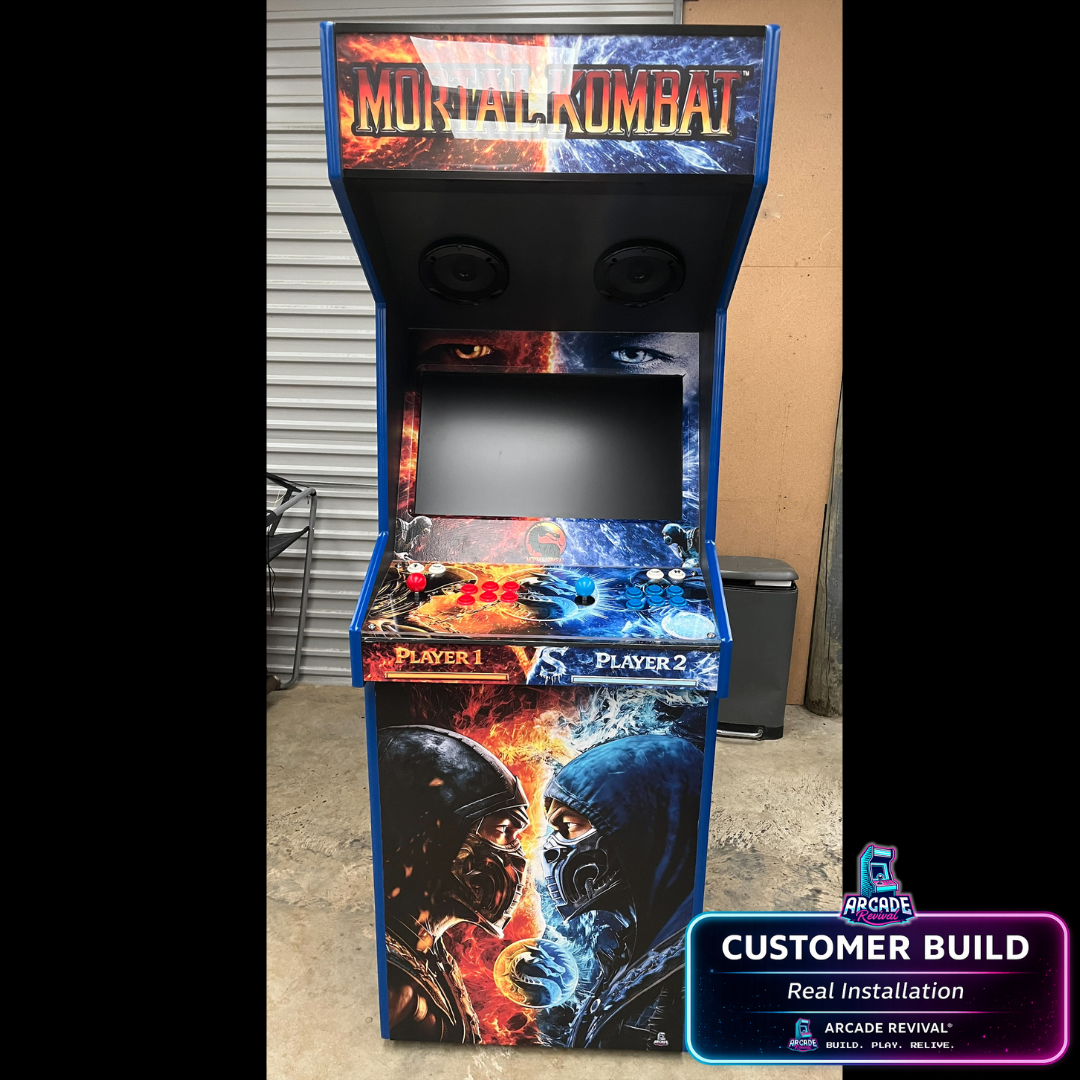 Full front view of Mortal Kombat arcade cabinet wrap installed on a custom build using Arcade Revival wrap kit, featuring Sub-Zero and Scorpion fire and ice design