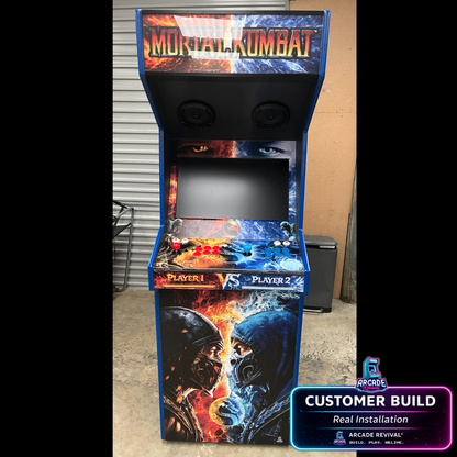 Full front view of Mortal Kombat arcade cabinet wrap installed on a custom build using Arcade Revival wrap kit, featuring Sub-Zero and Scorpion fire and ice design