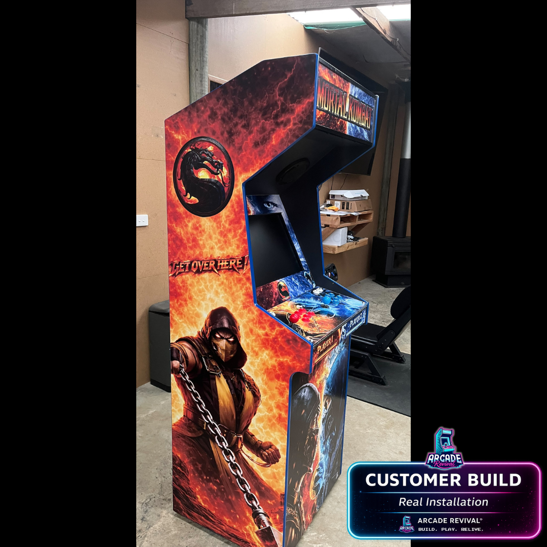 Side view of Mortal Kombat arcade cabinet wrap featuring Scorpion artwork and fiery design, installed on a custom arcade machine using Arcade Revival vinyl wrap