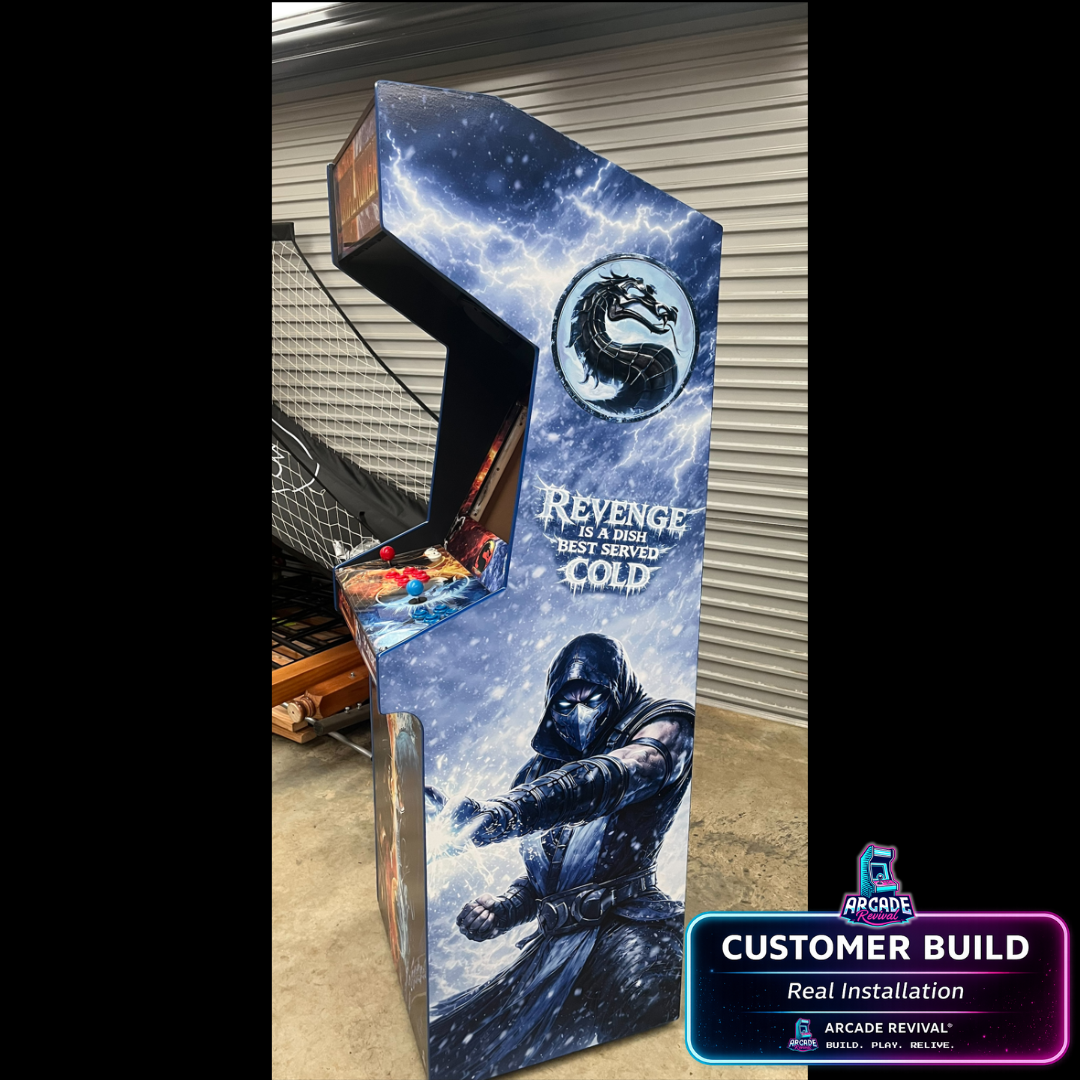 Side view of Mortal Kombat arcade cabinet wrap featuring Sub-Zero ice-themed artwork installed on a DIY arcade cabinet using Arcade Revival wrap kit