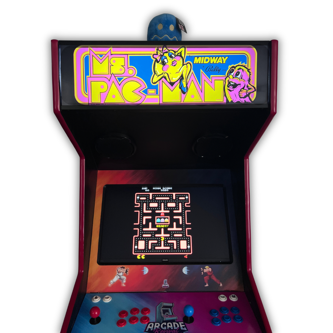 Ms. Pac-Man arcade marquee installed on a DIY arcade cabinet showing front view with gameplay screen lit up.