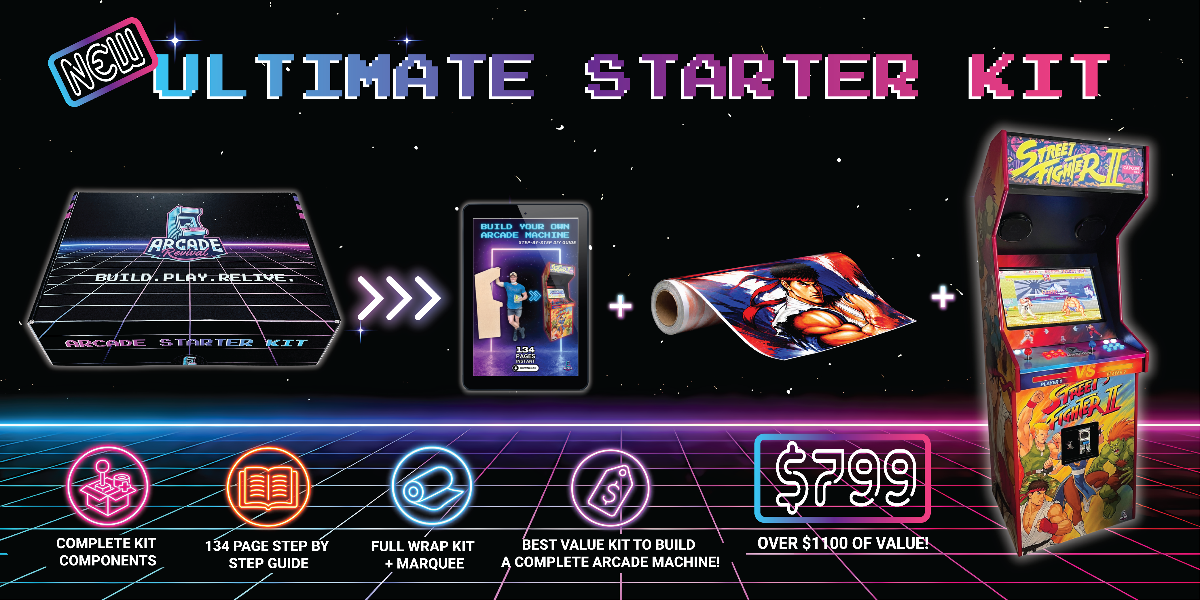Arcade Revival Ultimate Starter Kit banner showing the complete DIY arcade kit box, step-by-step Build Your Own Arcade Machine guide, Street Fighter II full cabinet wrap roll and the finished Street Fighter II arcade machine on a retro neon grid
