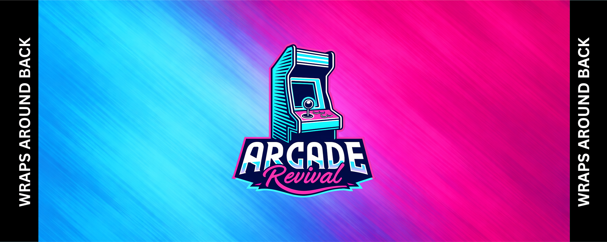 Arcade Revival Official Control Panel Layout – full design showing wrap-around artwork with pink and blue gradient background and logo in center.