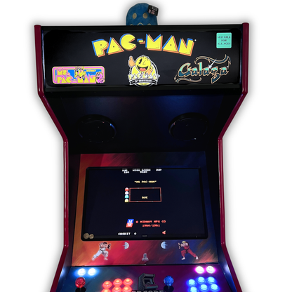 Pac-Man 25th Anniversary marquee installed on a DIY arcade cabinet showing full front view with Ms. Pac-Man title screen on display.