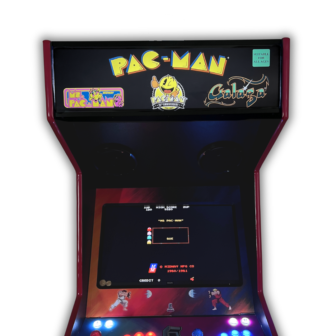 Pac-Man 25th Anniversary marquee lit up on a DIY arcade cabinet front view with Ms. Pac-Man title screen visible below.