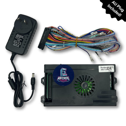 Pandora DX2 9800 arcade games unit with wiring harness and AU power adapter, available from Arcade Revival.
