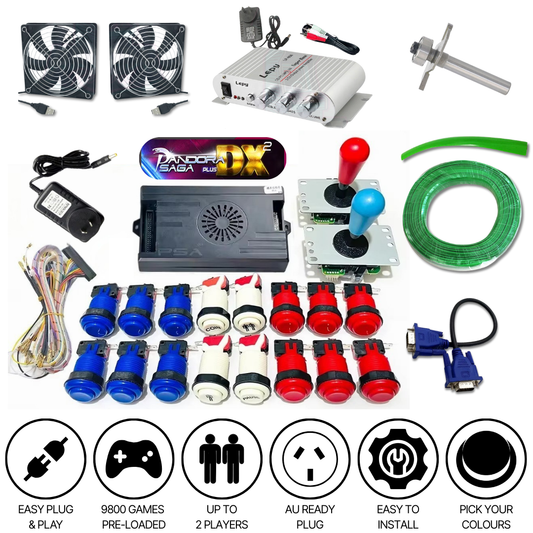 Complete arcade machine DIY kit by Arcade Revival featuring Pandora Saga DX2 console, 9800 preloaded games, 2 joysticks, arcade buttons, amplifier, wiring, cooling fans, T-moulding router bit, speaker cable, and AU power plug for 2-player setup