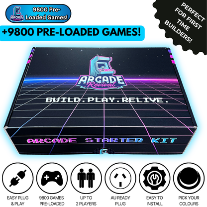 Arcade Revival Starter Kit box with over 9800 pre-loaded arcade games, easy plug and play, AU plug, and icons showing two players. Perfect for first-time arcade builders.