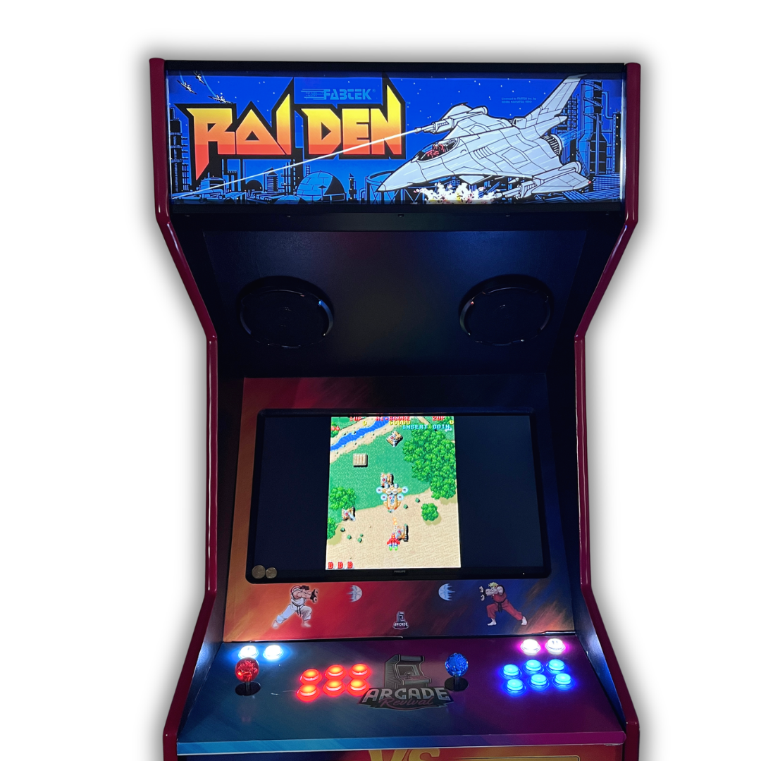 Raiden arcade marquee lit up on a DIY arcade cabinet front view showing the silver fighter jet firing over a blue futuristic city with Raiden vertical shooter gameplay visible.