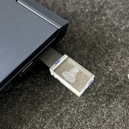 Arcade Revival retro gaming USB drive with clear acrylic logo