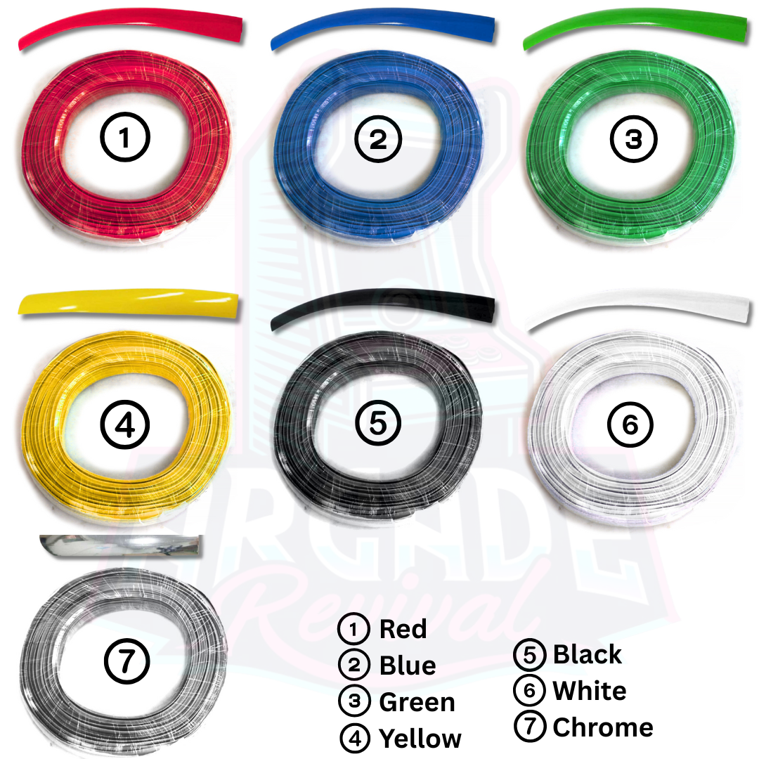 Arcade Revival T-moulding colour options display showing 7 choices: Red, Blue, Green, Yellow, Black, White, and Chrome — for customizing arcade cabinet edges.
