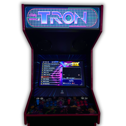 TRON reproduction arcade marquee installed on full-size Arcade Revival cabinet, glowing brightly in front view.