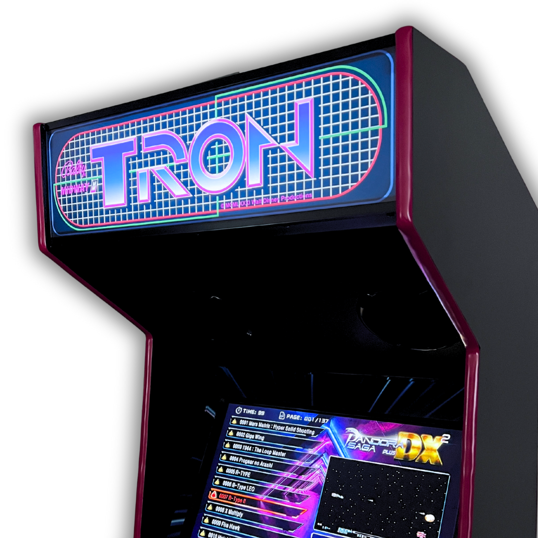 Detailed close-up of the TRON reproduction marquee showing vibrant neon grid artwork installed on arcade machine.