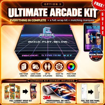 Arcade Revival Ultimate Arcade Kit with everything in the Complete Kit plus full cabinet wrap kit, matching marquee, premium 3M vinyl and full-size printed side panel template.