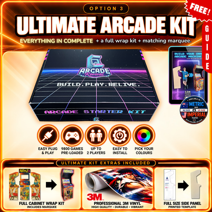 Arcade Revival Ultimate Arcade Kit with everything in the Complete Kit plus full cabinet wrap kit, matching marquee, premium 3M vinyl and full-size printed side panel template.