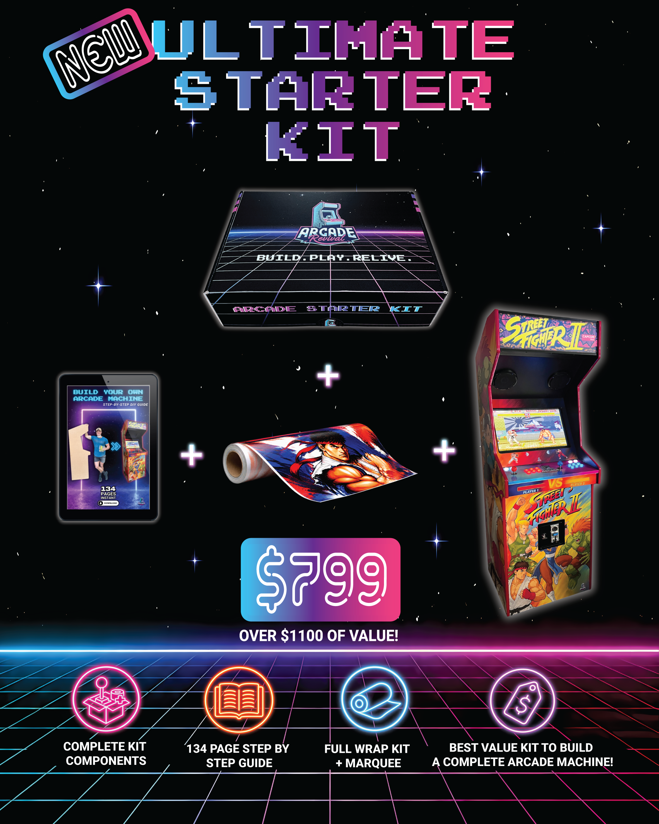 Arcade Revival Ultimate Starter Kit banner showing the complete DIY arcade kit box, step-by-step Build Your Own Arcade Machine guide, Street Fighter II full cabinet wrap roll and the finished Street Fighter II arcade machine on a retro neon grid