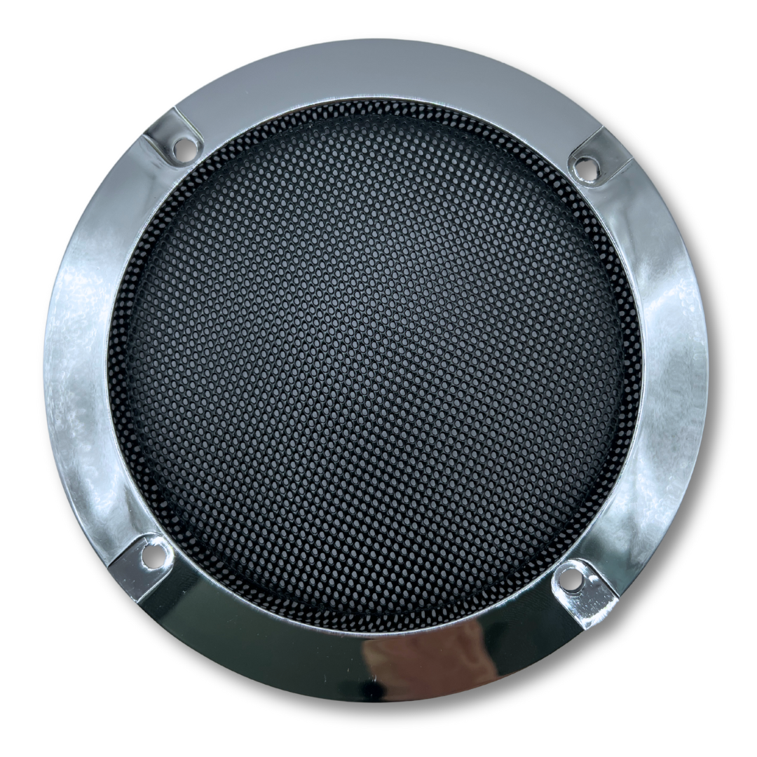 Chrome 4-inch arcade speaker grille cover with sleek reflective trim ring