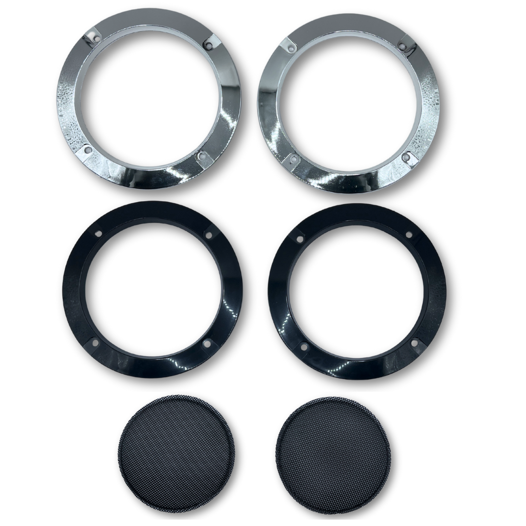 Set of 4-inch arcade speaker grilles and trim rings in black and chrome finish