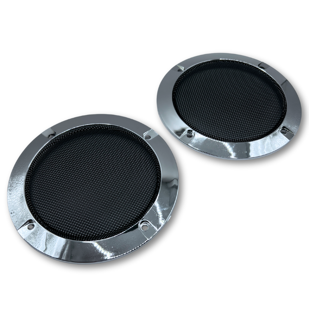 Pair of chrome 4-inch arcade speaker grilles ideal for retro arcade cabinet builds