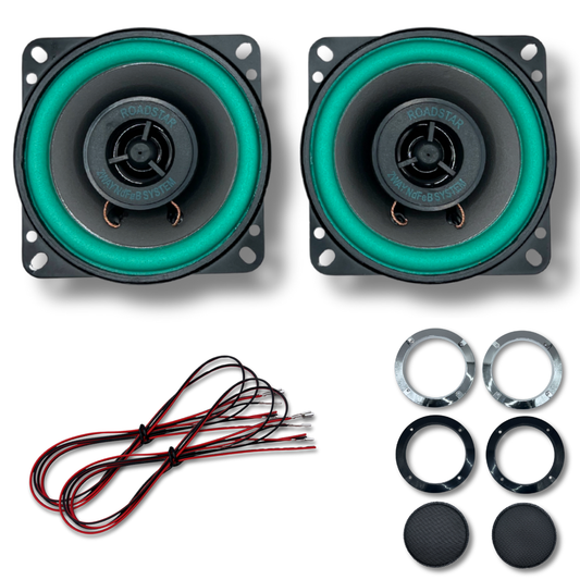 Complete 4-inch arcade speaker kit including Roadstar VO-402 2-way speakers, wiring cables, and black or chrome grille covers