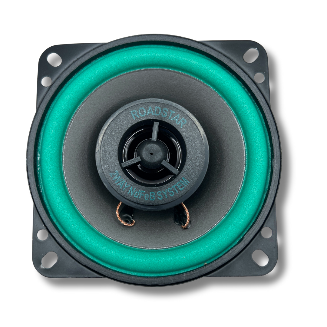 Close-up of Roadstar VO-402 4-inch 2-way arcade speaker front cone and tweeter